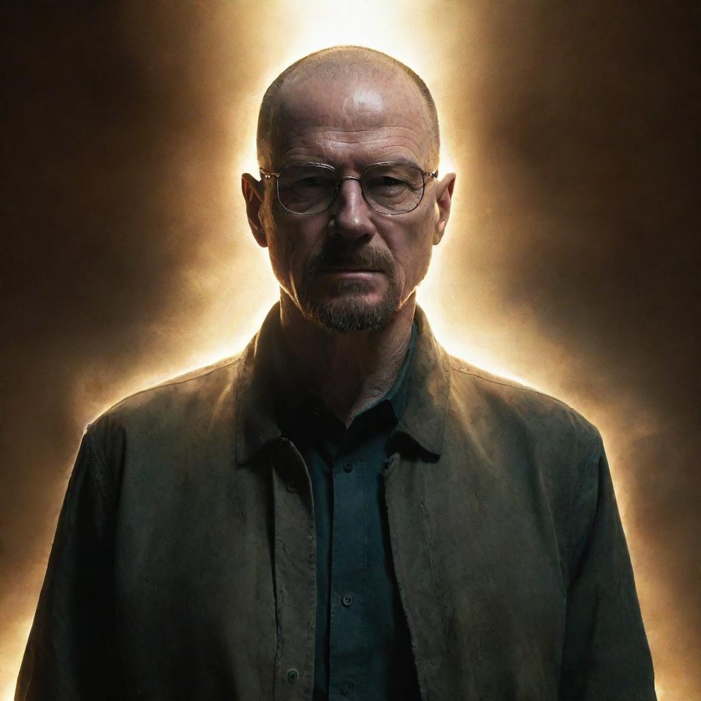 An imaginative scene depicting Walter White from Breaking Bad being reborn, surrounded by ethereal light. His new form is still retaining its iconic features while signifying a new beginning.