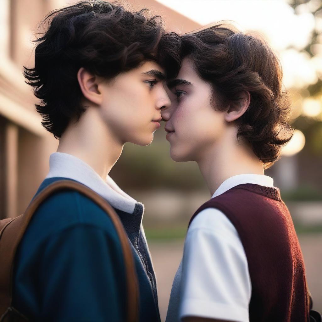 A cinematic photo of two high school boys staring into each other's eyes