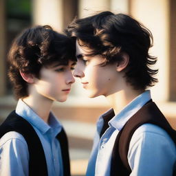 A cinematic photo of two high school boys staring into each other's eyes