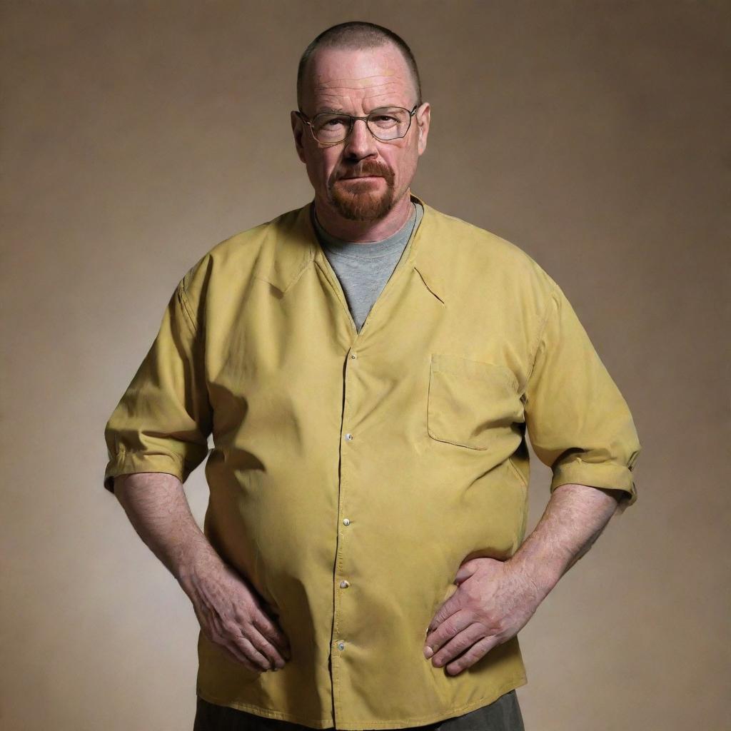 An imaginative depiction of Walter White from Breaking Bad, rendered humorously as a pregnant version of himself. His usual attire is stretched to accommodate a sizeable belly with a slightly bemused expression on his face.