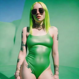 Create an image of Billie Eilish wearing a stylish green swimsuit