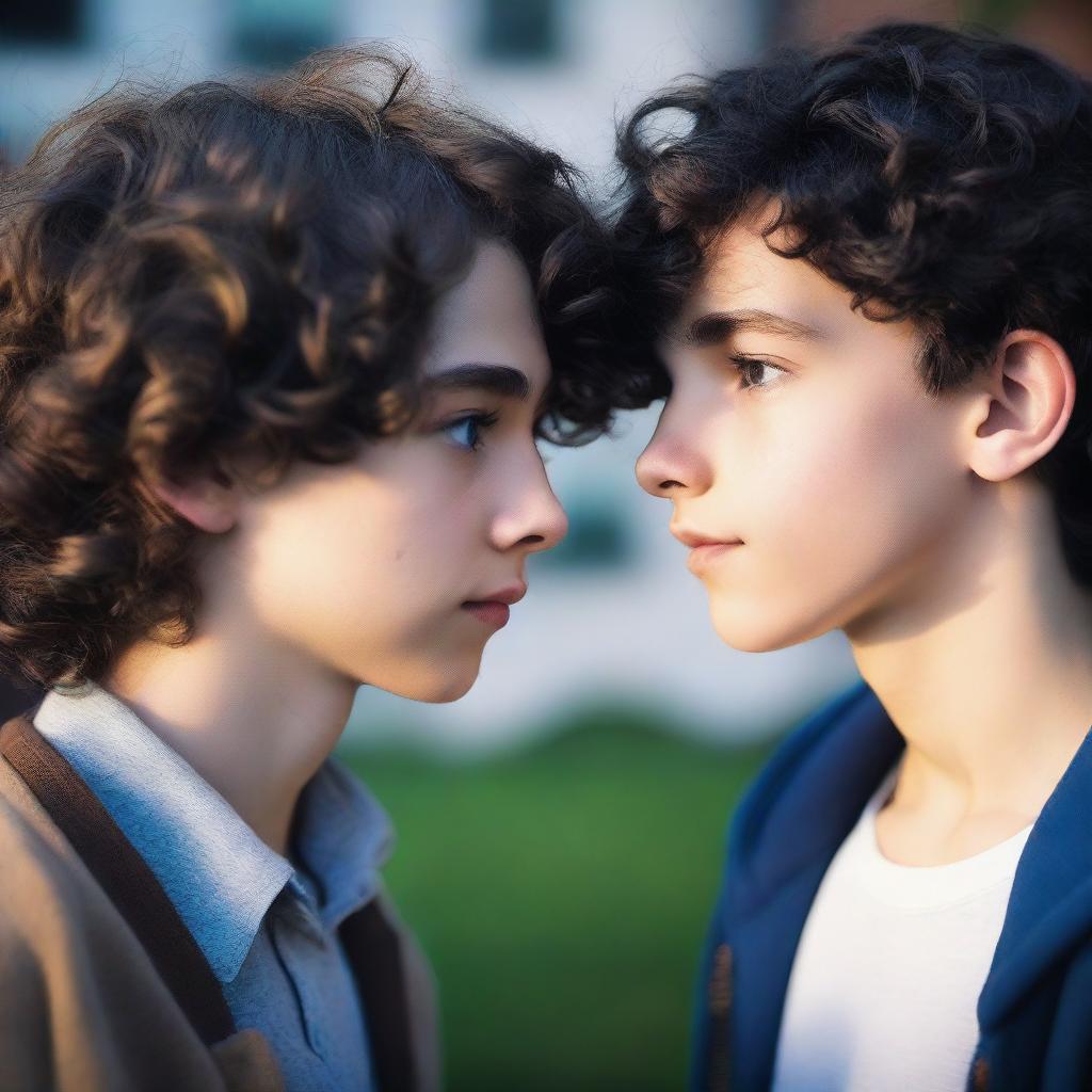 A cinematic photo of two 18-year-old boys staring into each other's eyes