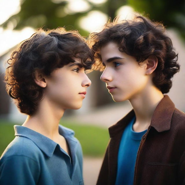 A cinematic photo of two 18-year-old boys staring into each other's eyes