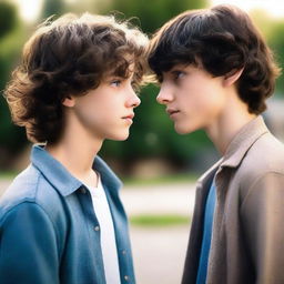 A cinematic photo of two 18-year-old boys staring into each other's eyes