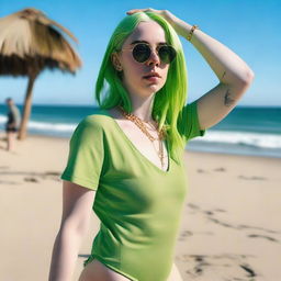 Billie Eilish wearing a stylish green swimsuit, posing confidently