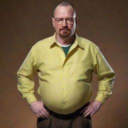 An imaginative depiction of Walter White from Breaking Bad, rendered humorously as a pregnant version of himself. His usual attire is stretched to accommodate a sizeable belly with a slightly bemused expression on his face.