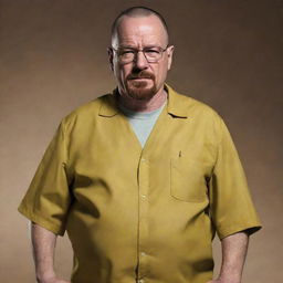 An imaginative depiction of Walter White from Breaking Bad, rendered humorously as a pregnant version of himself. His usual attire is stretched to accommodate a sizeable belly with a slightly bemused expression on his face.