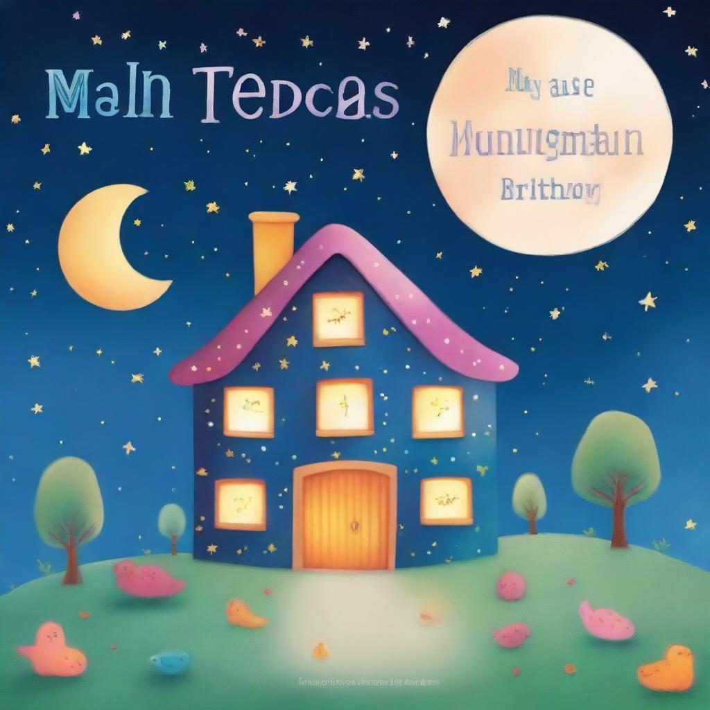 A whimsical and enchanting children's bedtime story book cover featuring a magical night sky with twinkling stars, a cozy little house with warm lights, and a gentle moon smiling down