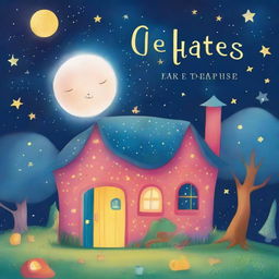 A whimsical and enchanting children's bedtime story book cover featuring a magical night sky with twinkling stars, a cozy little house with warm lights, and a gentle moon smiling down