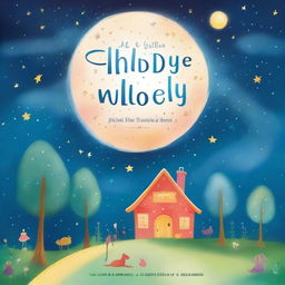 A whimsical and enchanting children's bedtime story book cover featuring a magical night sky with twinkling stars, a cozy little house with warm lights, and a gentle moon smiling down