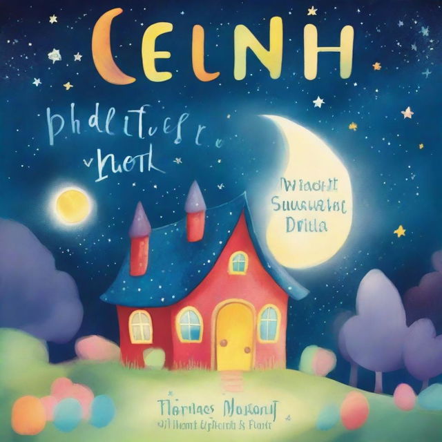 A whimsical and enchanting children's bedtime story book cover featuring a magical night sky with twinkling stars, a cozy little house with warm lights, and a gentle moon smiling down