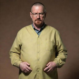 An imaginative depiction of Walter White from Breaking Bad, rendered humorously as a pregnant version of himself. His usual attire is stretched to accommodate a sizeable belly with a slightly bemused expression on his face.