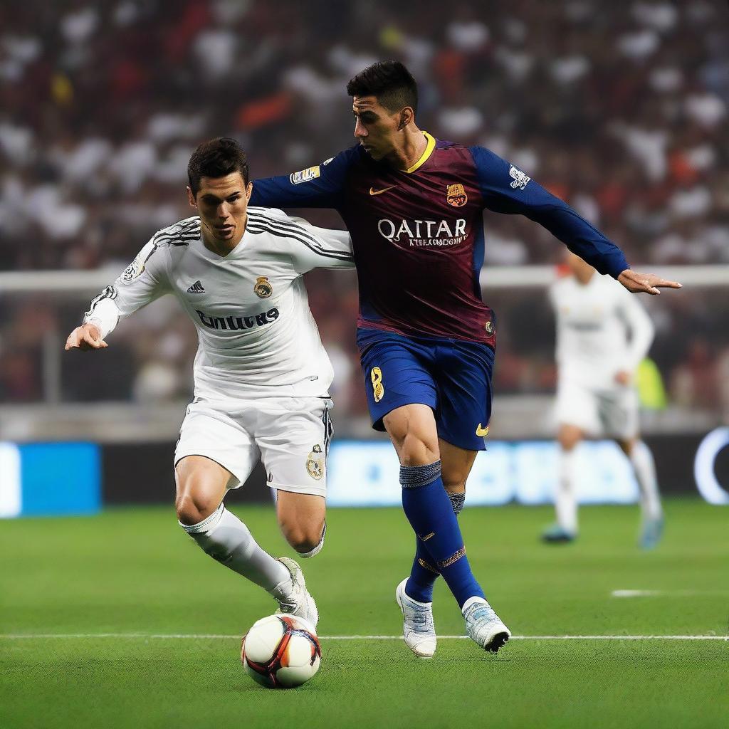 A thrilling football match between Real Madrid and Barcelona, featuring Cristiano Ronaldo and Lionel Messi in action