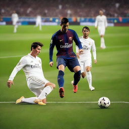 A thrilling football match between Real Madrid and Barcelona, featuring Cristiano Ronaldo and Lionel Messi in action