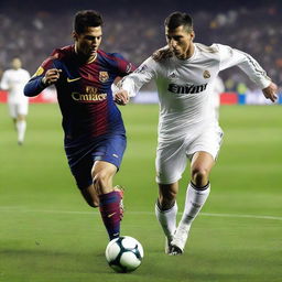 A thrilling football match between Real Madrid and Barcelona, featuring Cristiano Ronaldo and Lionel Messi in action