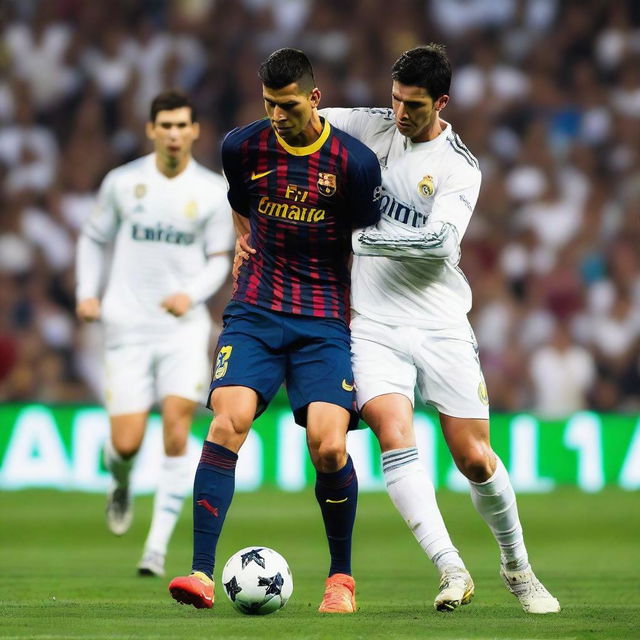 A thrilling football match between Real Madrid and Barcelona, featuring Cristiano Ronaldo and Lionel Messi in action