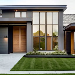 Design a visually striking front of a house with a modern architectural style, manicured front yard and a welcoming entrance.