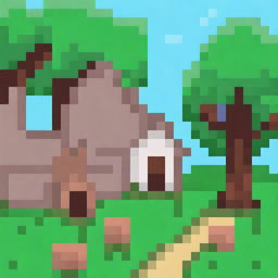 A charming Ukrainian village depicted in 32x32 pixel art style