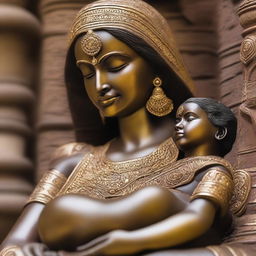 A detailed statue of a 30-year-old Indian lady breastfeeding her son