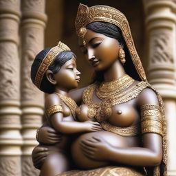 A detailed statue of a 30-year-old Indian lady breastfeeding her son