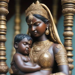 A detailed statue of a 30-year-old Indian lady breastfeeding her son