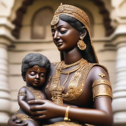 A detailed statue of a 30-year-old Indian lady breastfeeding her son