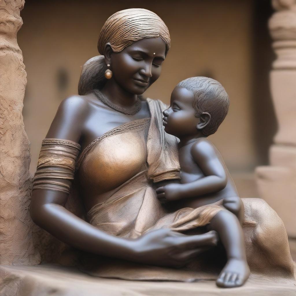 A detailed statue of a 30-year-old poor Indian lady breastfeeding her son