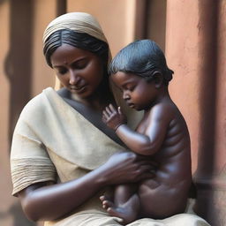 A detailed statue of a 30-year-old poor Indian lady breastfeeding her son