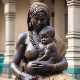 A detailed statue of a 30-year-old poor Indian lady breastfeeding her son