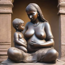 A detailed statue of a 30-year-old poor Indian lady breastfeeding her son