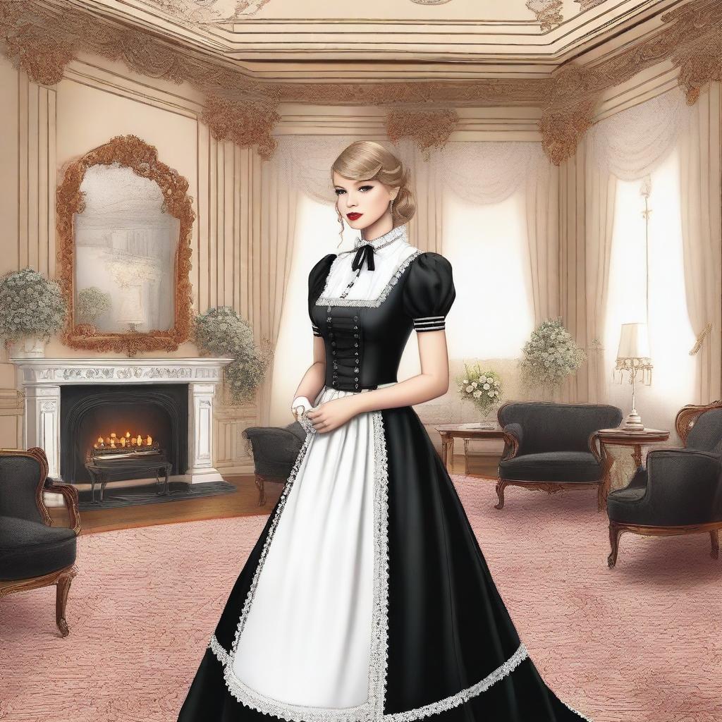 A detailed illustration of Taylor Swift wearing a classic maid outfit, featuring a black dress with a white apron and a matching headpiece