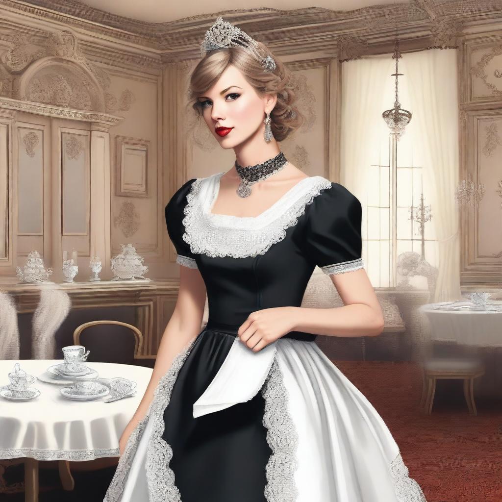 A detailed illustration of Taylor Swift wearing a classic maid outfit, featuring a black dress with a white apron and a matching headpiece