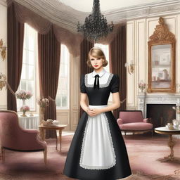 A detailed illustration of Taylor Swift wearing a classic maid outfit, featuring a black dress with a white apron and a matching headpiece