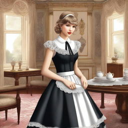 A detailed illustration of Taylor Swift wearing a classic maid outfit, featuring a black dress with a white apron and a matching headpiece