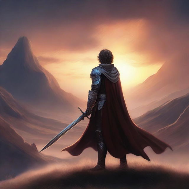 A young warrior seen from the back standing in a vast valley during a magnificent sunset, with a long road ahead