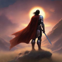 A young warrior seen from the back standing in a vast valley during a magnificent sunset, with a long road ahead