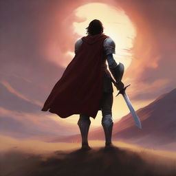 A young warrior seen from the back standing in a vast valley during a magnificent sunset, with a long road ahead