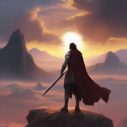 A young warrior seen from the back standing in a vast valley during a magnificent sunset, with a long road ahead