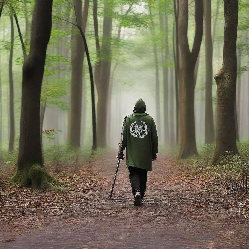 Un joven guerrero de espalda caminando en un gran bosque con un largo camino por delante