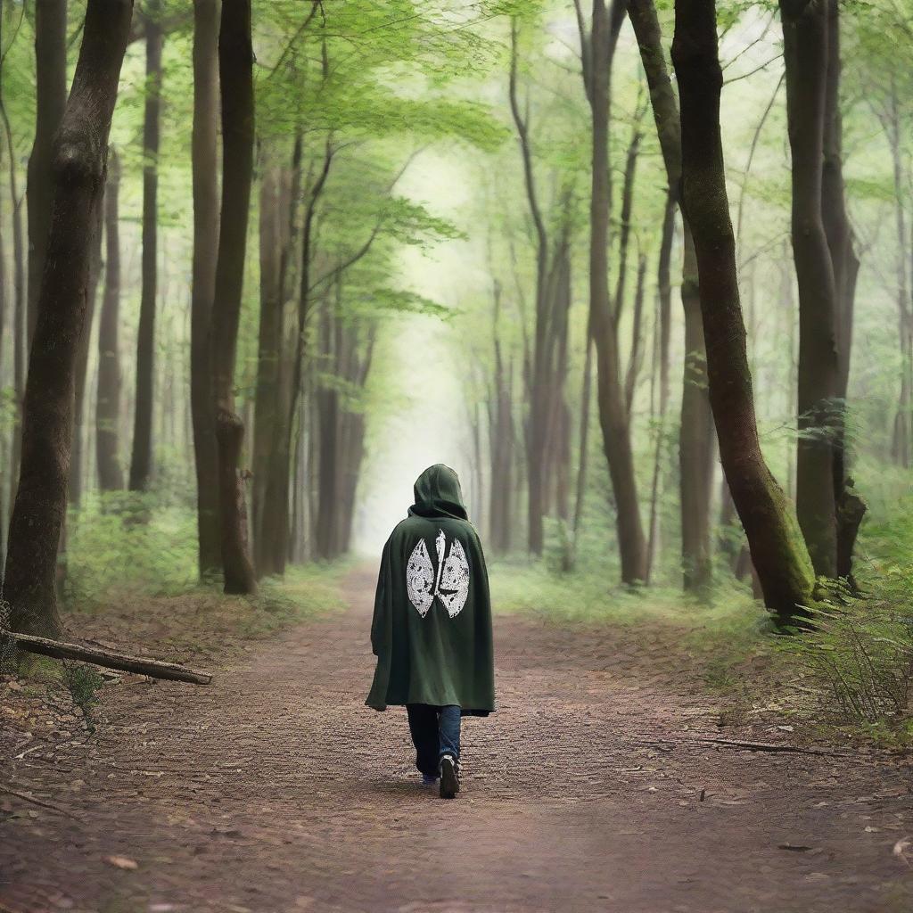 Un joven guerrero de espalda caminando en un gran bosque con un largo camino por delante