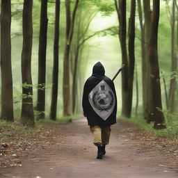 Un joven guerrero de espalda caminando en un gran bosque con un largo camino por delante