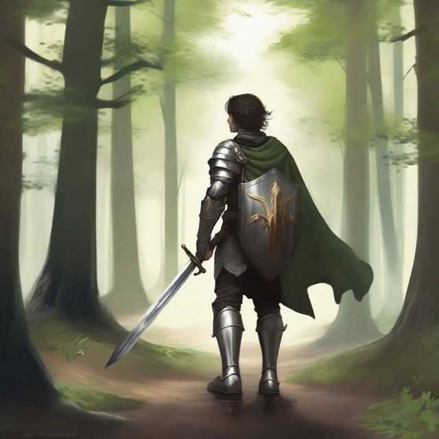 A young warrior is walking away through a vast forest with a long path ahead