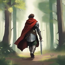 A young warrior is walking away through a vast forest with a long path ahead