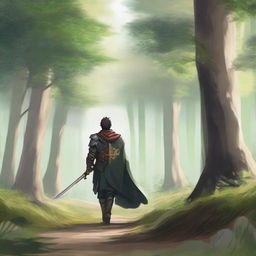 A young warrior is walking away through a vast forest with a long path ahead