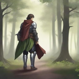 A young warrior is walking away through a vast forest with a long path ahead