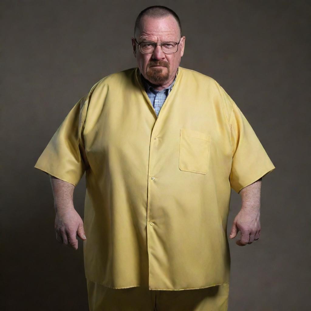 A humorous rendition of Walter White from Breaking Bad, overly exaggerated to depict him as uncharacteristically overweight. His traditional attire is strained around an obese figure, yet his familiar features remain.