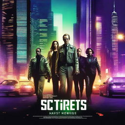 Design a gripping movie poster for 'Secrets Safe,' featuring a high-tech heist team in a sleek, modern setting