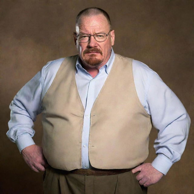 A humorous rendition of Walter White from Breaking Bad, overly exaggerated to depict him as uncharacteristically overweight. His traditional attire is strained around an obese figure, yet his familiar features remain.