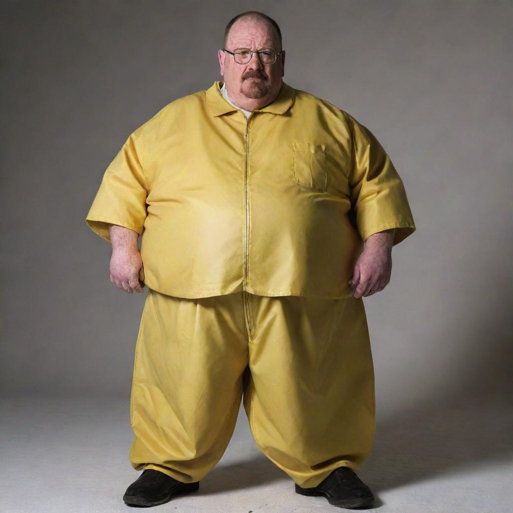 A humorous rendition of Walter White from Breaking Bad, overly exaggerated to depict him as uncharacteristically overweight. His traditional attire is strained around an obese figure, yet his familiar features remain.