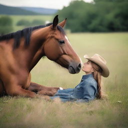 A horse laying on its side with its head down in a peaceful meadow